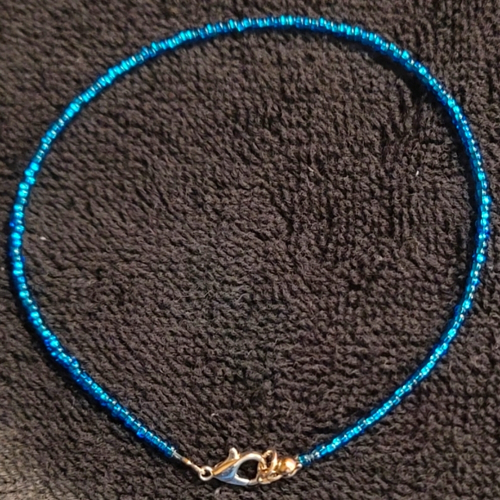 Metallic Blue Seed Bead Anklet 10 1/4"
